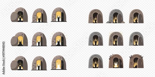 Set of empty tomb icons with glowing light, symbolizing resurrection and Easter.