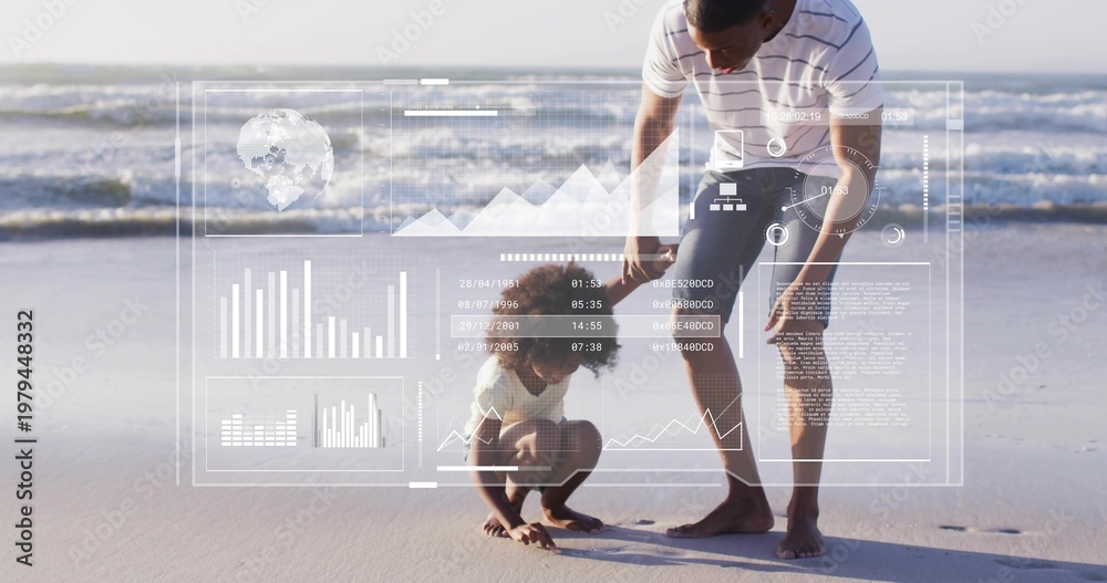 Fototapeta premium Reaching man wearing striped shirt guiding child touching wet sand on shore, with HUD overlay