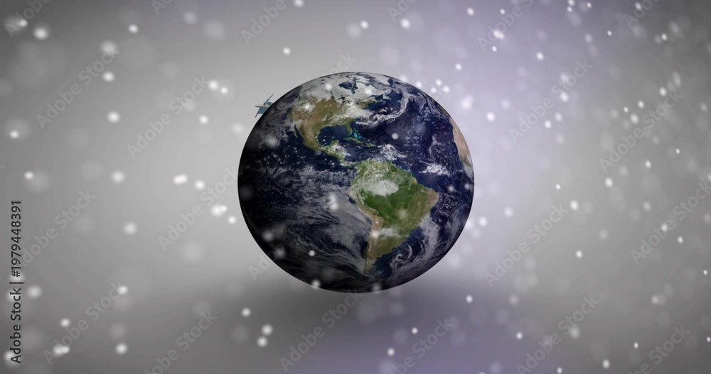 Fototapeta premium Floating real Earth globe showing Americas rotating above CGI gradient, with white bokeh, soft halo