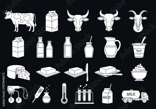 Dairy Industry and Milk Production Icon Set with Cows, Goats, Cheese, Butter, Yogurt, and Laboratory Testing Equipment. White Line Art Vector on Black Background.