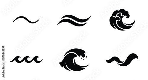 Minimalist ocean wave icons, black sea water symbols, 6 vector elements