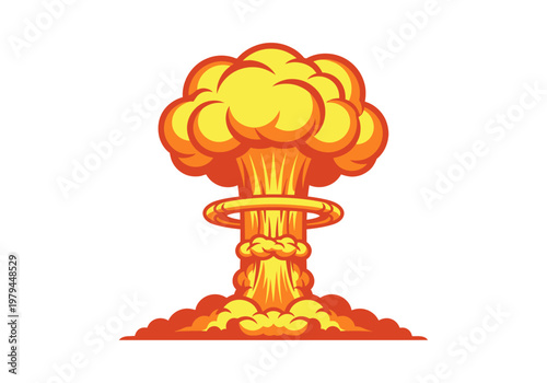 Cartoon Mushroom Cloud Explosion Illustration, Atomic Nuclear Blast Vector Art, Powerful Boom and Destruction Symbol Isolated on White Background