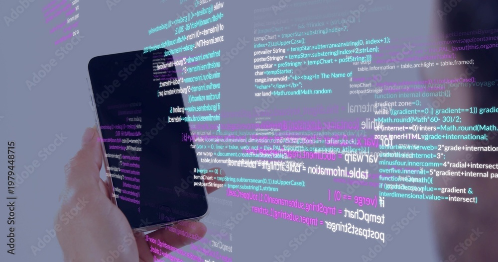 Fototapeta premium Holding black smartphone in left hand at studio showing code overlay blurred shoulder, copy space