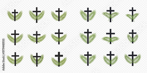 Set of Christian crosses with green palm leaves, symbolizing faith, peace, and spiritual growth.