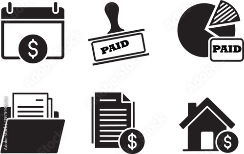 Black and white of payment methods: credit card, cash, online transaction, banknotes, wallet, and house with dollar symbol