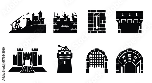 Medieval castle icons, 8 fortress vector elements, black silhouette set