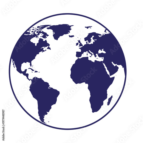 Dark blue silhouette of the earth globe showing the atlantic ocean, north and south america, europe, and africa, isolated on a white background