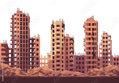 Post-Apocalyptic Destroyed City Buildings and Ruined Skyscrapers Illustration Isolated on White