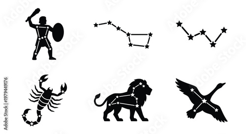 Zodiac constellation icons, celestial star map symbols, 6 vector silhouettes