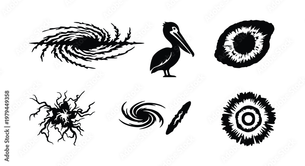 Obraz premium Vintage linocut icons, black ink spiral galaxy and pelican, 6 vector elements