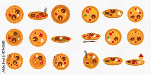 Set of various traditional Indian thali dishes with different curries and rice, top view and side view illustrations.