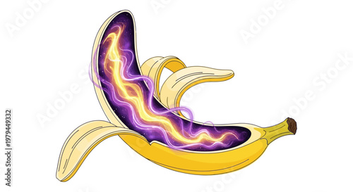 A vibrant banana peels back to reveal a mesmerizing purple and yellow flame inside.