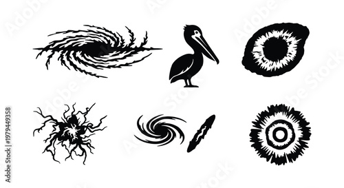 Vintage linocut icons, black ink spiral galaxy and pelican, 6 vector elements