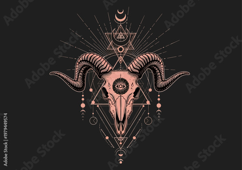 Occult Goat Skull with Third Eye and Sacred Geometry Symbols, Esoteric Ram Horns Design for Tattoo and Alchemy Concept