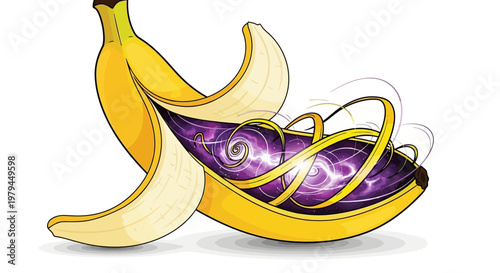 Vibrant purple swirls emerge from peeled bananas on a table indoors.