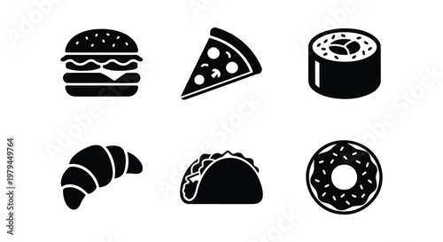 Minimalist fast food icons, 6 black vector food elements, restaurant menu symbols