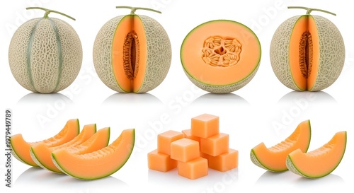 Fresh cantaloupe melons and slices on white background