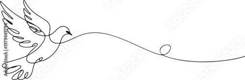 Flying dove of peace with heart symbol continuous one line drawing, bird carrying love message vector illustration,  Peace and Freedom Symbol