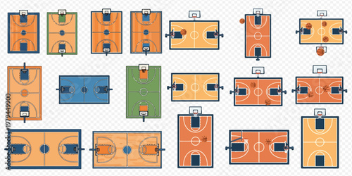 Set of various basketball court designs, top view with hoops and markings, perfect for sports-related graphics and illustrations.