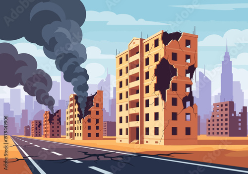 Post-Apocalyptic Destroyed Cityscape with Ruined Buildings and Smoke Vector Illustration, War Zone Urban Conflict Scene