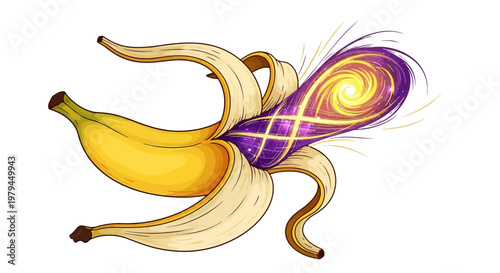 A peeled banana reveals a vibrant purple swirl inside a fruit.