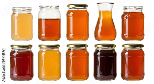Assorted honey jars on white background, various colors and shapes