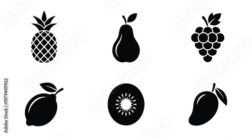 Minimalist fruit icon set, black solid vector fruits, 6 organic food symbols
