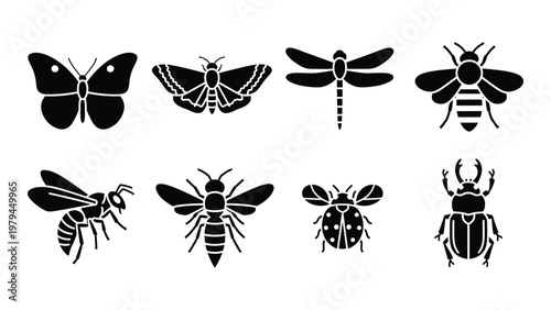 A collection of stylized black silhouettes depicting various insects including butterflies dragonflies bees and beetles high quality professional detailed modern elegant