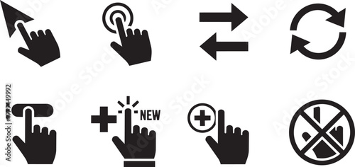 Hand gestures with symbols for like, dislike, new, plus, minus, and refresh in black style