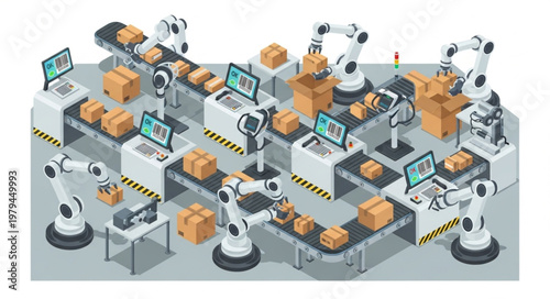 Automated Factory Production Line with Robotic Arms and Conveyor Belts.