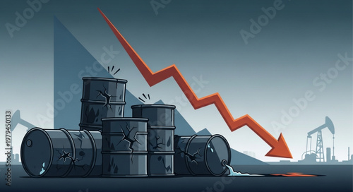 Oil barrels and downward trending graph symbolizing falling oil prices.