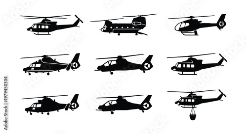 Military helicopter silhouettes, 9 aircraft vector icons, aviation set