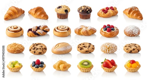 assorted baked goods and pastries with fruits on white background