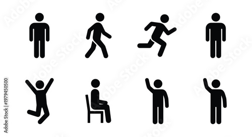 Stick figure person icons, 8 human action symbols, black vector man silhouettes