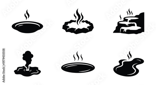 Geothermal hot spring icons, 6 volcanic geyser symbols, thermal water vector