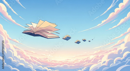 Flying books soar through a serene blue sky with fluffy white clouds at sunrise or sunset