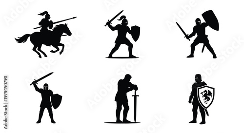 Medieval knight silhouettes, 6 warrior icons, black armored soldier vector set