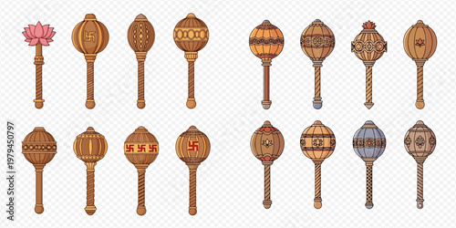 Set of various Hanuman Gada maces, traditional Indian mythological weapon, isolated vector illustration.