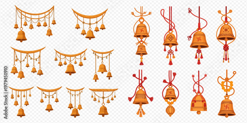 Set of golden bells with decorative garlands and ornate hangers, perfect for festive designs and cultural celebrations.