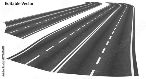 Curving Asphalt Highway with Lane Markings and Guardrail.