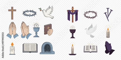 Collection of Christian religious symbols and icons, including crosses, doves, Bibles, candles, and praying hands, illustrating faith and spirituality.
