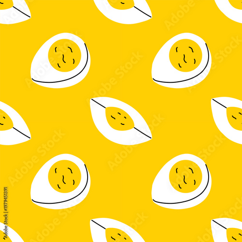Vector seamless pattern with boiled egg half on bright yellow background. Cute breakfast and protein food egg print for kitchen textile, wrapping paper, packaging and healthy meal design.
