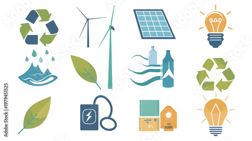 Renewable energy icons wind turbine solar panel water dam battery vector set clean energy sustainability eco power illustration modern flat design