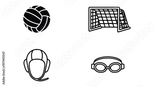 Water Polo Gear Essentials: A black and white illustration presents essential gear for water polo, featuring the ball, net, helmet, and goggles, all key elements for this aquatic sport.