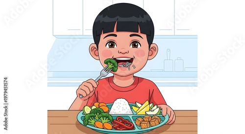 Cute Indonesian child eating healthy food, colorful plate with vegetables, fruits, rice, and protein, smiling and enjoying meal, clean kitchen or dining background, vibrant fresh colors, flat vector i