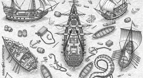 Collection of antique sailing ships and sea creatures in a chaotic arrangement.