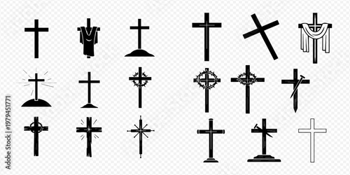 Set of Various Christian Crosses and Crucifixes, Religious Symbols for Faith and Spirituality.
