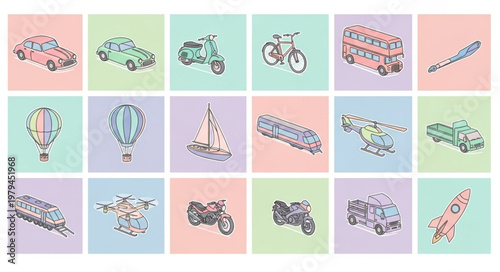 Collection of hand-drawn transportation vehicles and modes of travel.