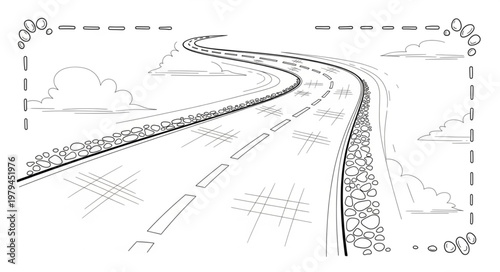 Curving railway tracks in a landscape sketch.