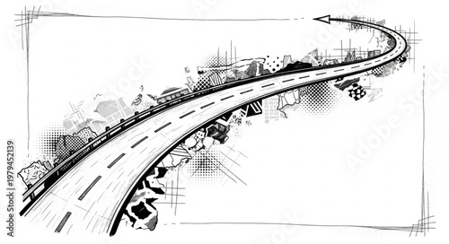 Curving Road Illustration with Cityscape Sketch.
